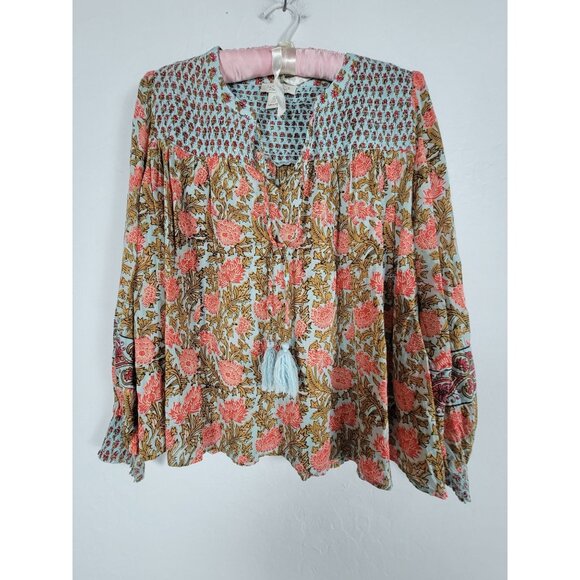 Rachel Zoe Women Floral Boho Peasant Blouse Small Blue/Orange Cotton Long-Sleeve - Picture 1 of 9